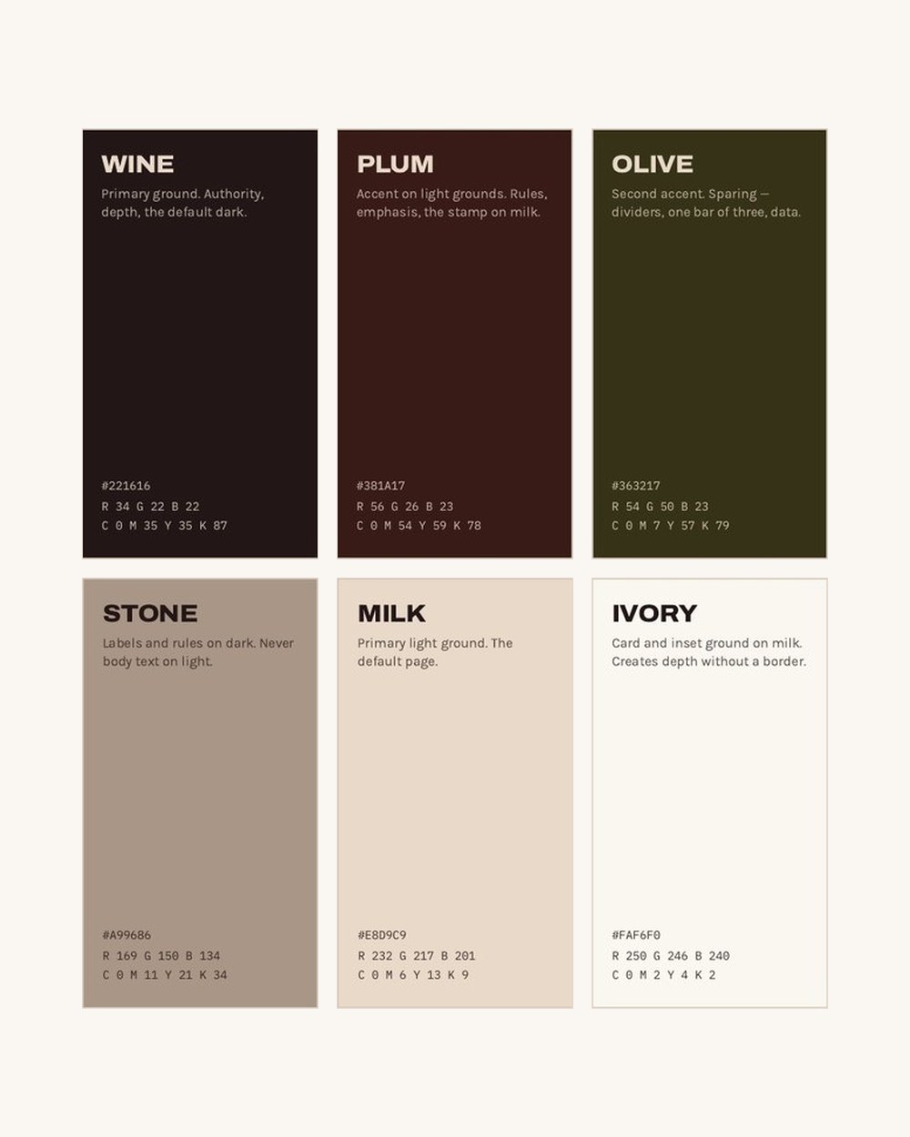 Brand colour grounds: wine, plum, olive, stone, milk and ivory