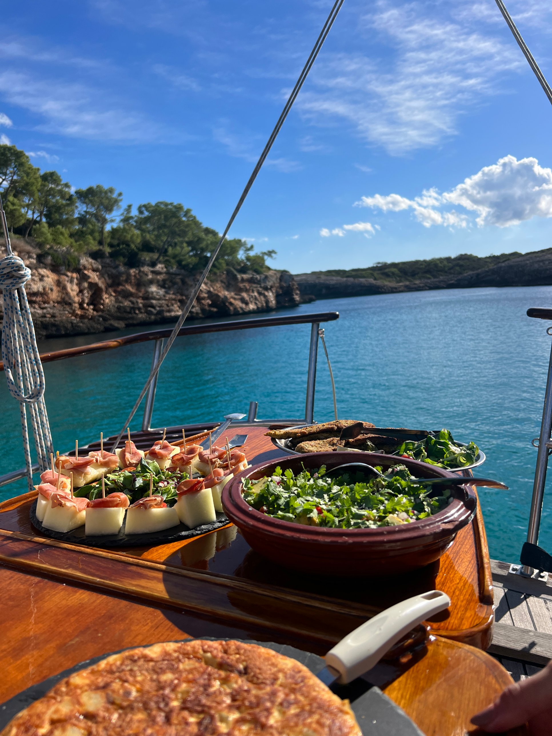 Lunch spread on the deck of a boat off Mallorca