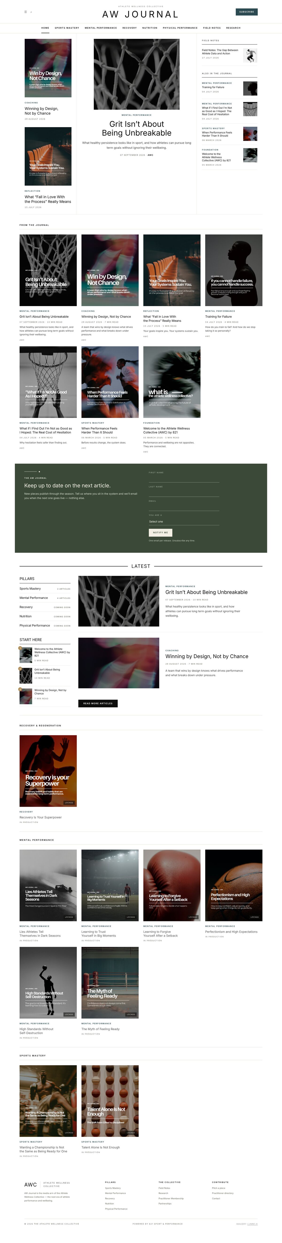 Full AW Journal homepage: featured stories, journal grid, newsletter sign-up and content pillars
